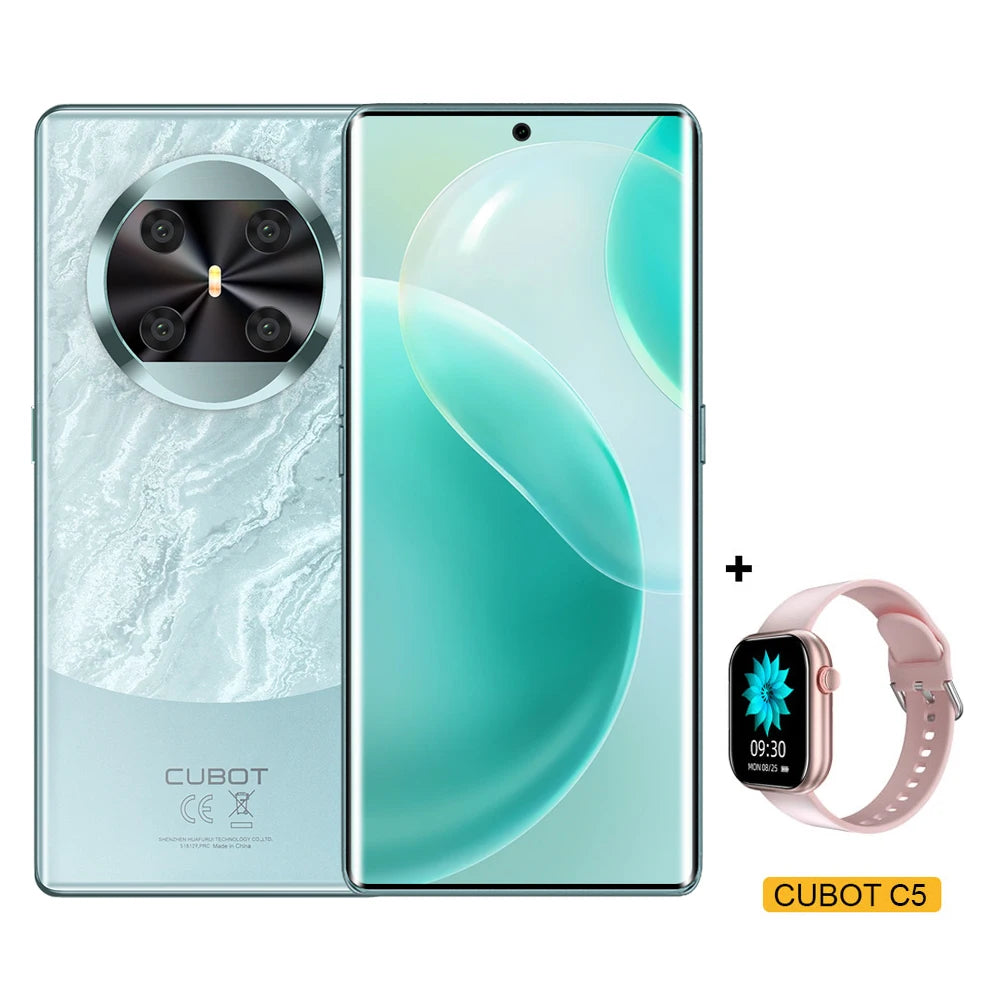 Cubot X90 smartphone, 100MP camera, marble-green back, 6.67" curved AMOLED display with pink Cubot C5 smartwatch.
