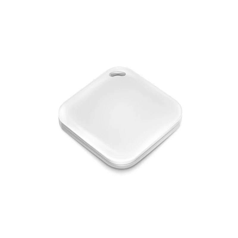 White square smart Bluetooth GPS tracker for pet collars, luggage, and keys. Compatible with Apple Find My for tracking.
