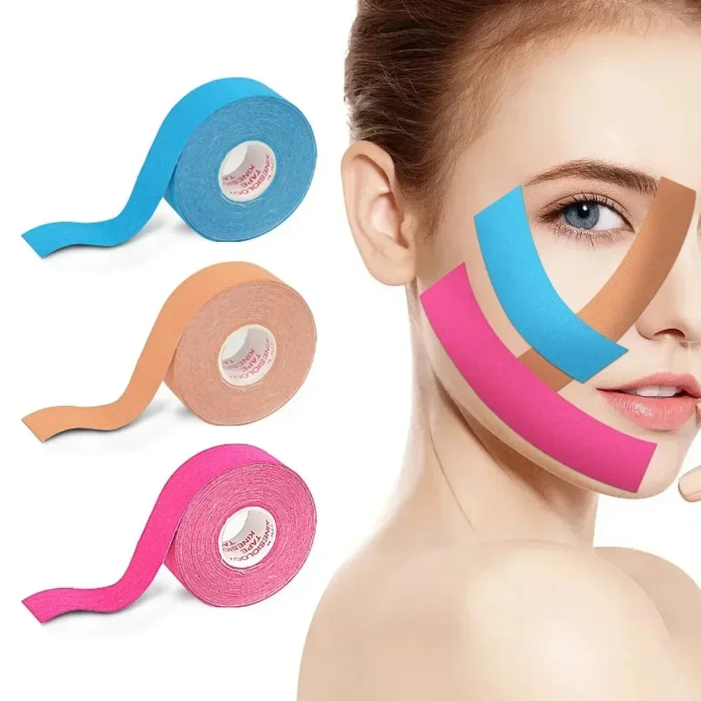 Three rolls of blue, beige, and pink kinesiology face tape next to a woman applying the strips to her face.