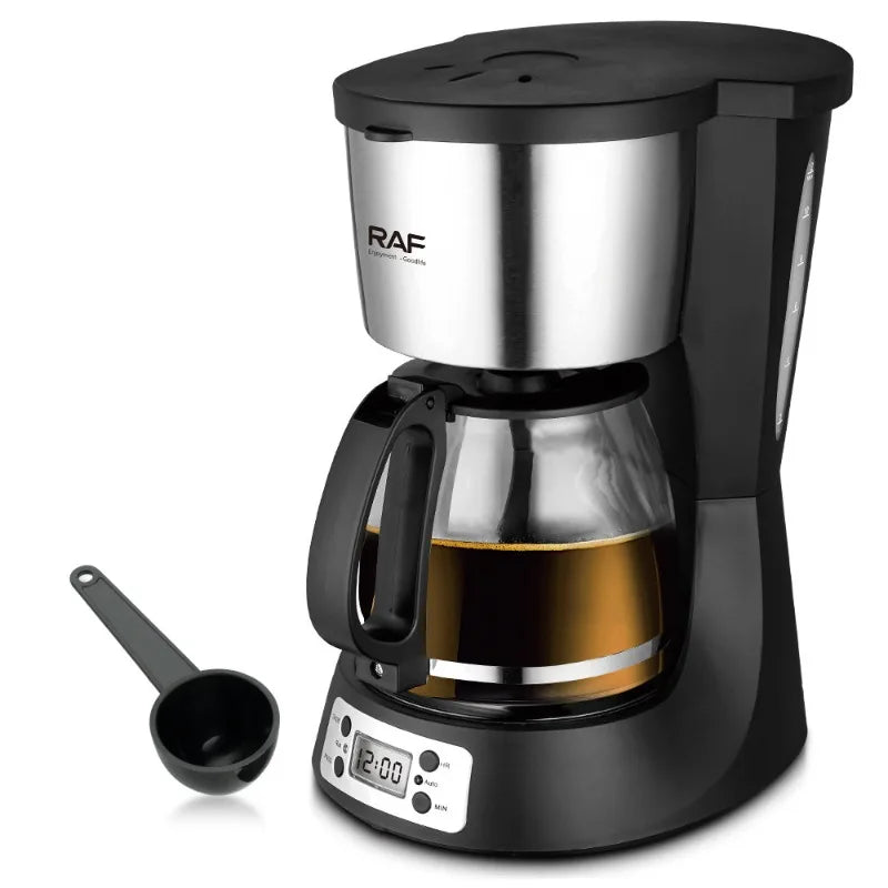 RAF stainless steel and black digital drip coffee maker with glass carafe, water level indicator, and coffee scoop.
