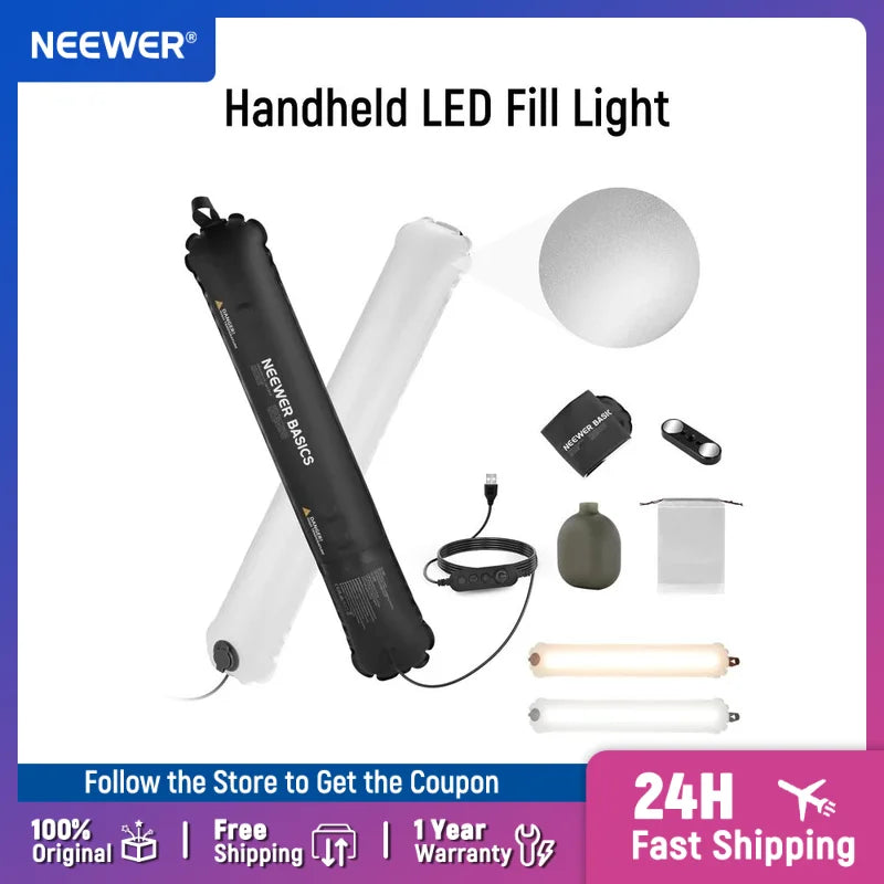 Handheld LED tube light with black and white casing, USB cable, magnetic mounts, and carrying pouch for photography.