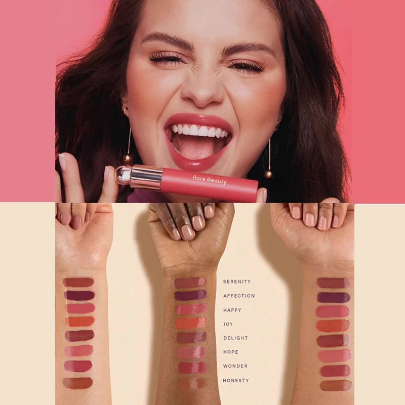 Rare Beauty matte lipstick with smooth texture and rich color swatches on arms in various shades for lip makeup.