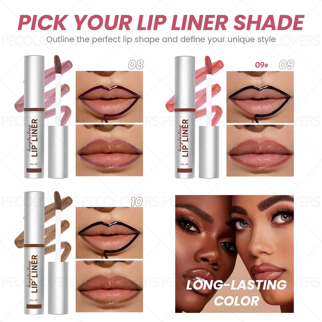 Matte peel-off lip liner set, long-lasting waterproof lip contouring shades for a natural, defined lip makeup look.