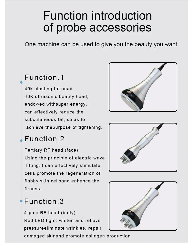 Infographic showing three silver ultrasonic and RF beauty probe attachments for a 3-in-1 slimming and skincare machine.
