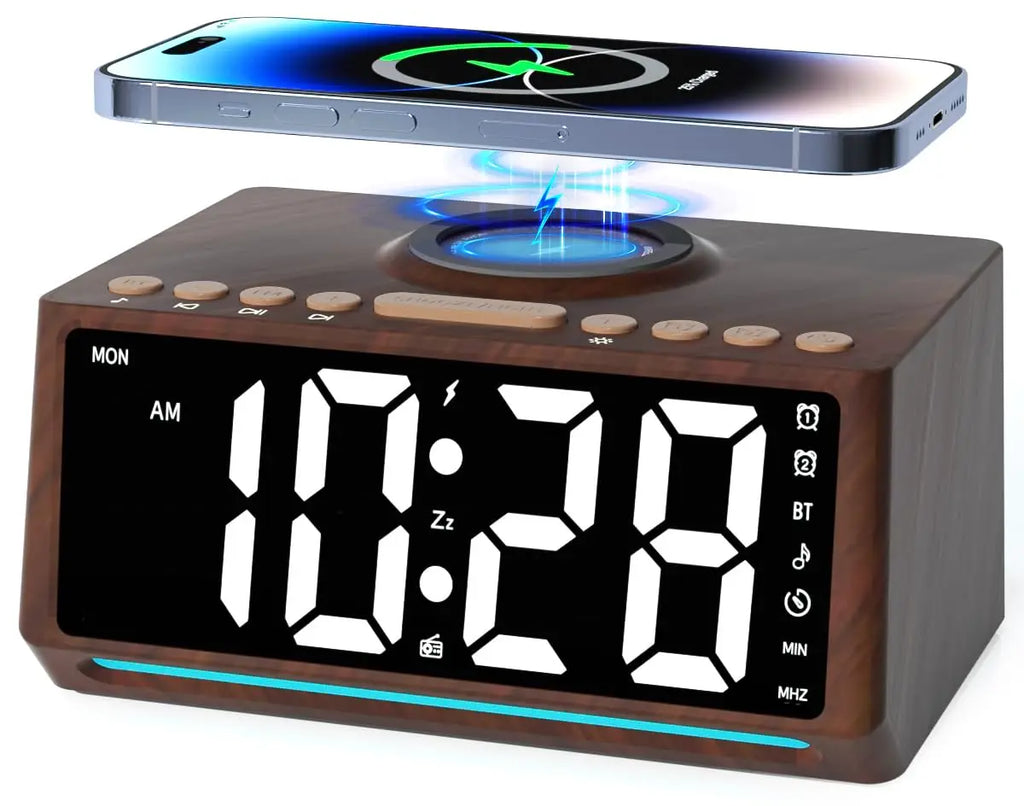 Wooden Digital Alarm Clock with Wireless Charger & Bluetooth Speaker Tidesmit