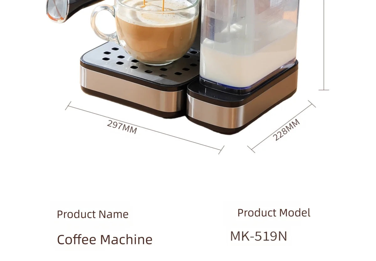 MK-519N stainless steel espresso machine with milk frother, 297mm width, pouring coffee into a glass cup.