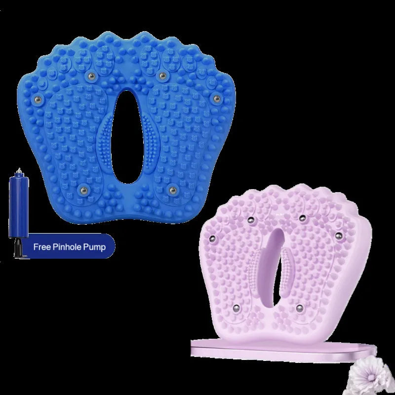 Blue and light purple foot-shaped acupressure massage mats with a small manual air pump.