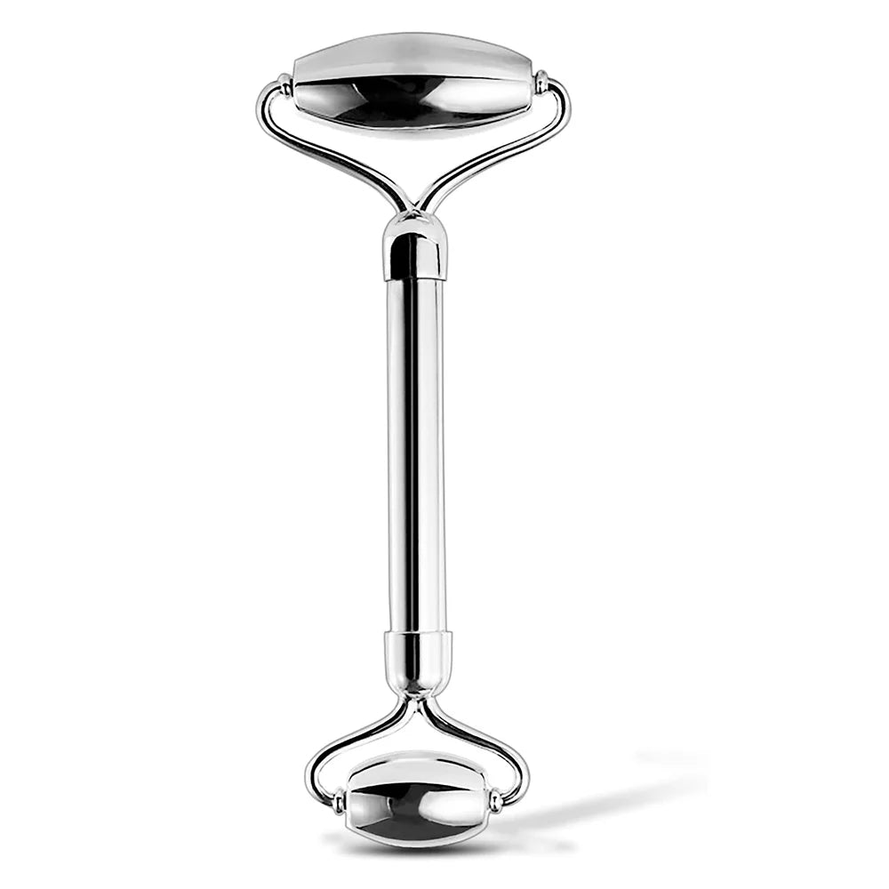 Dual-ended facial roller made of polished, silver-colored stainless steel with a smooth cylindrical handle.