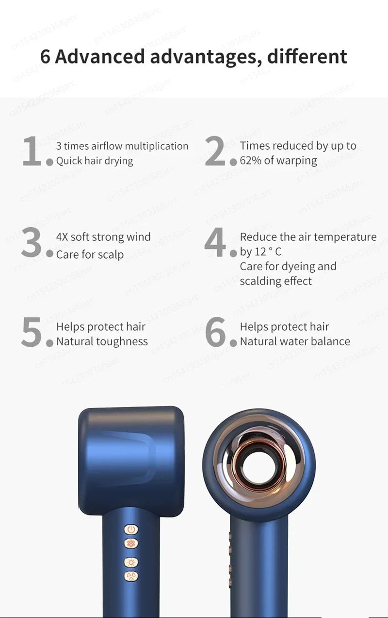 Blue 1600W leafless ionic hair dryer with quick-dry airflow, constant heat control, and salon-style design.