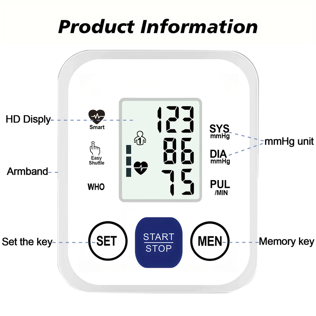 Upper Arm Digital Blood Pressure Monitor Automatic Home Medical BP Tensiometer Heart Rate Pulse Detector Large LCD Screen