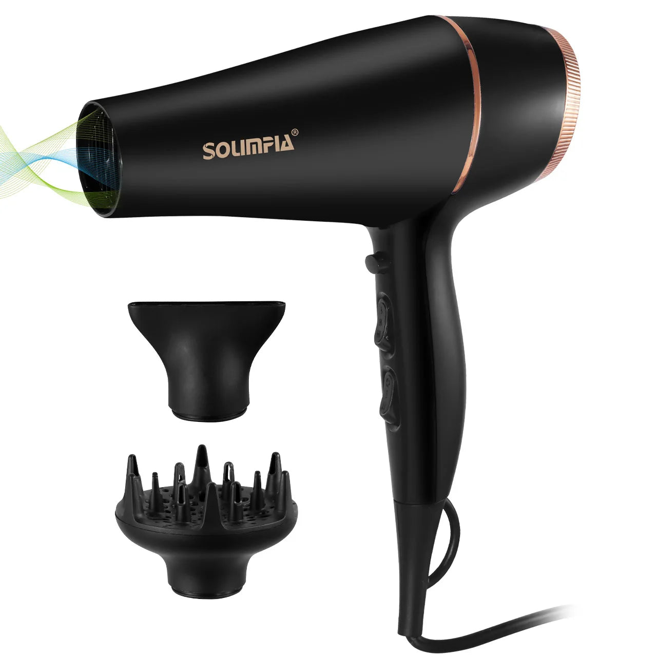 Black professional salon hair dryer with rose gold accents, diffuser, nozzle, and 6-level heat settings for fast drying.