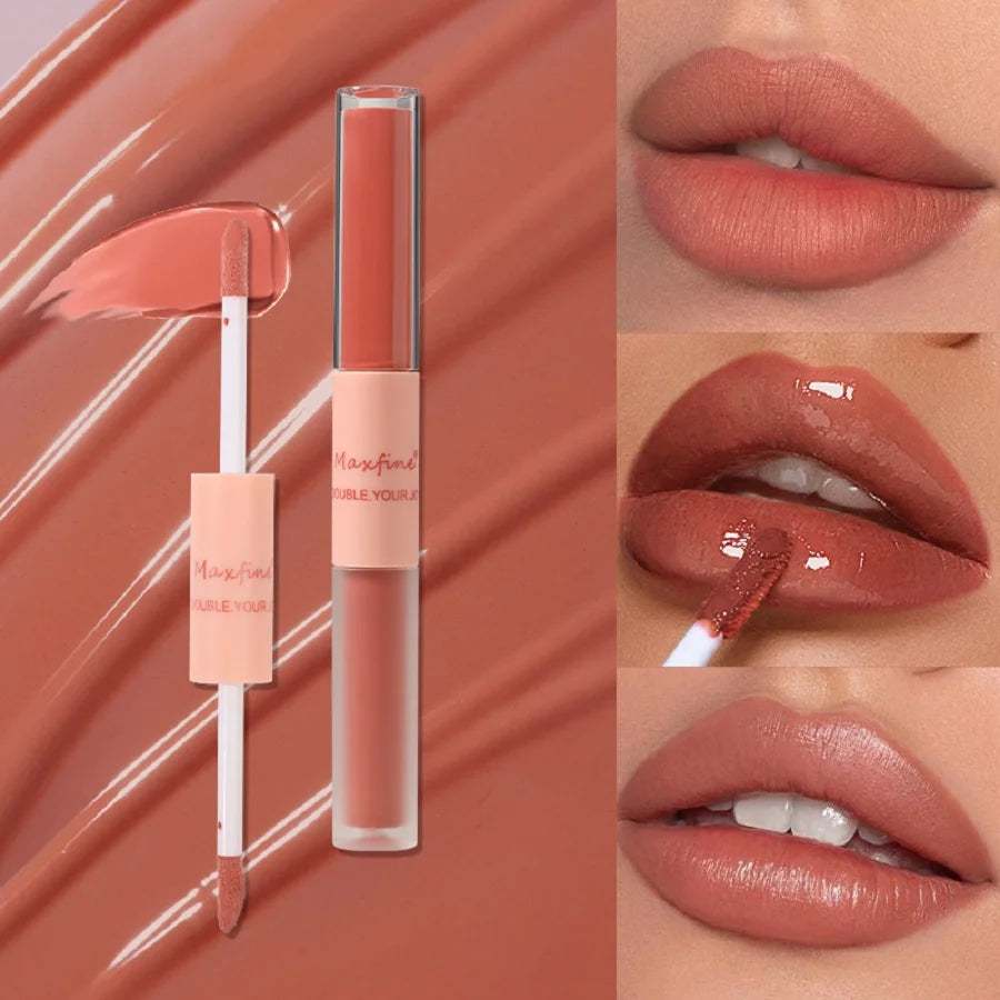 Double-headed waterproof lip gloss featuring velvet matte and mirror shine finishes in a versatile nude peach shade.
