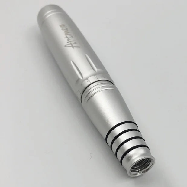 Silver Artmex V8 permanent makeup rotary pen for eyebrows, lips, and MTS tattoo machine treatment.