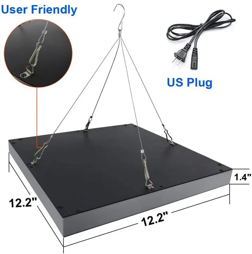 UV solarium tanning lamp with 225 purple LED lights, hanging kit, and US plug, 12.2 inch square home tanning device.