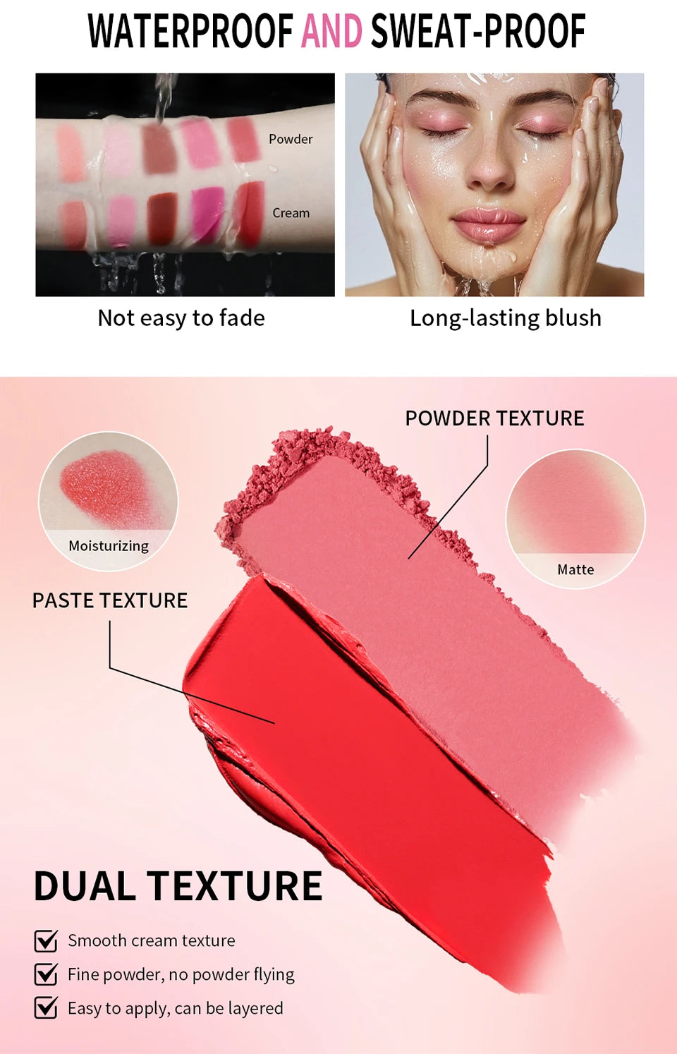 Tidesmit cream and powder blush palette shade swatch featuring long-lasting pigmented peach and pink face makeup