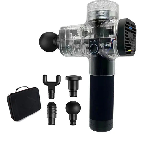 Clear percussion massage gun with black handle, four interchangeable heads, and a carrying case for muscle recovery.