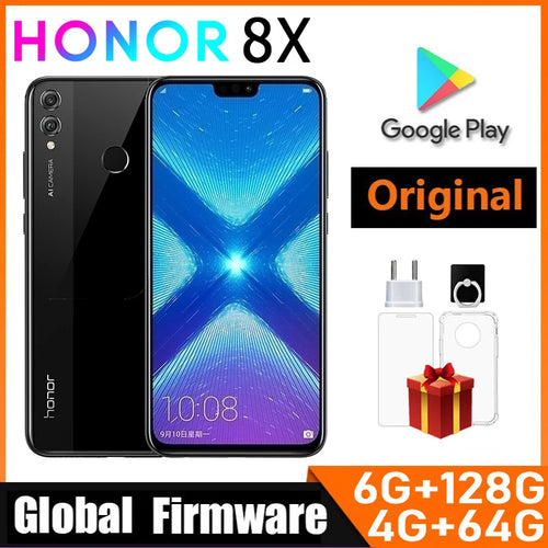 Black Honor 8X smartphone with 6.5-inch screen, dual rear camera, fingerprint sensor, and global firmware.