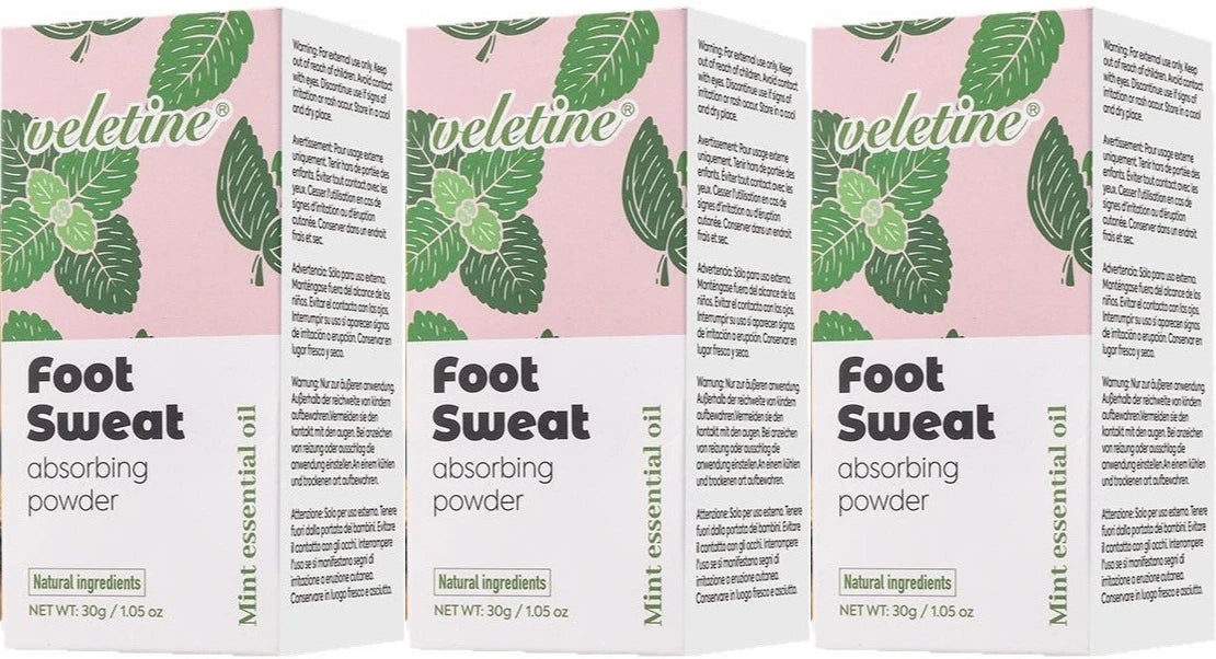 Tidesmit organic foot deodorant powder, 3-pack set for sweat absorption, odor elimination, and cool dry comfort.