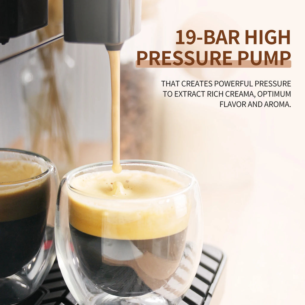 19-bar espresso machine pouring rich coffee into double-walled glass cups for optimal flavor extraction.