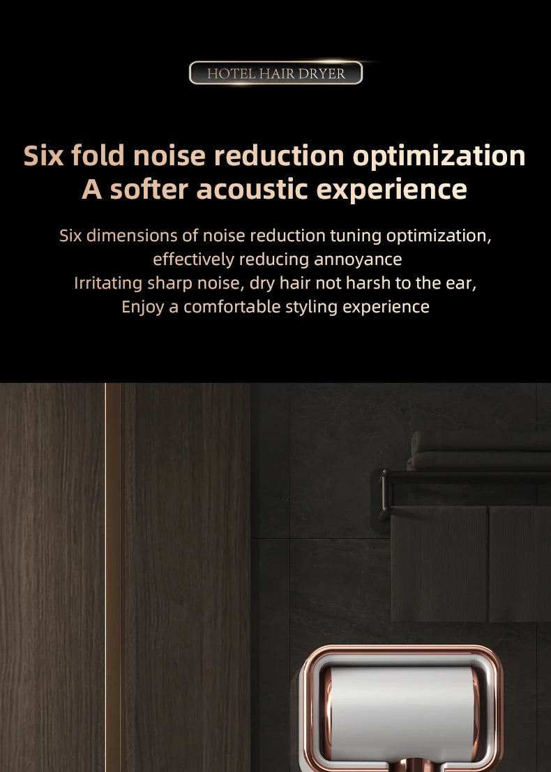 Wall-mounted hair dryer with noise-reduction technology and modern rose gold detailing for a quiet bathroom experience.