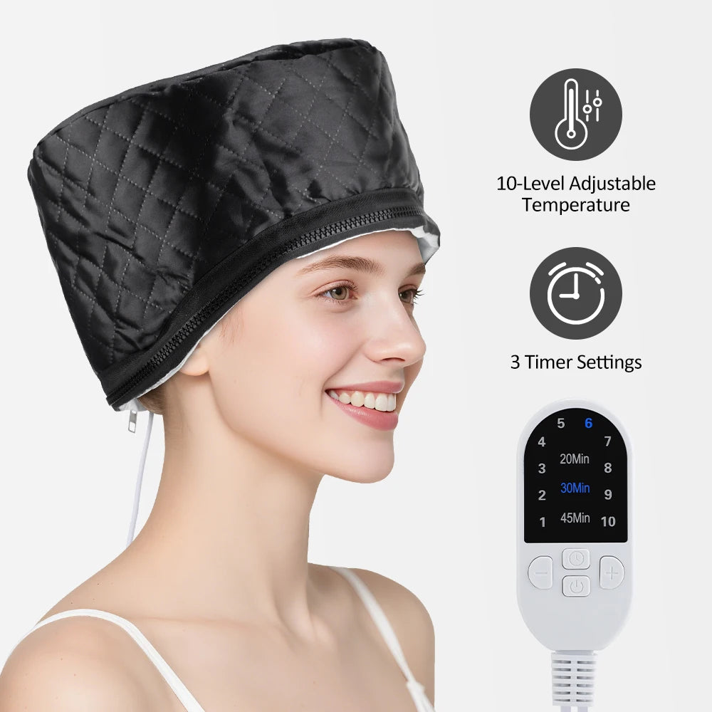 Black quilted electric hair heat cap with 10-level temp control and 3-timer remote for home spa hair steaming.