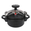 Black speckled pressure canner with domed lid, steam valve, and side handles