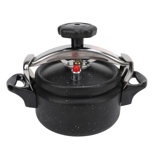 Black speckled pressure canner with domed lid, steam valve, and side handles