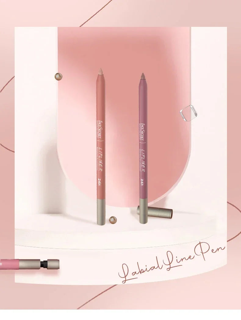 Two Face Secret waterproof matte lip liner pencils in nude and mauve shades on a pink podium.