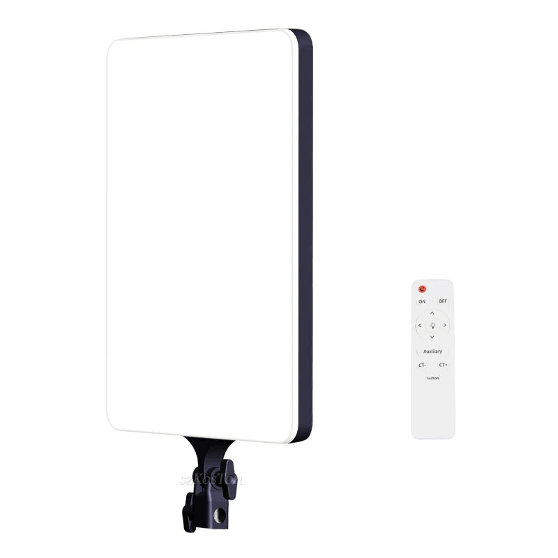 Rectangular LED light panel with black frame and stand mount, paired with a white remote for adjusting lighting.