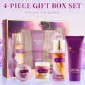 Wonderful 4-piece women's fragrance gift set: body mist, lotion, candle, and bath bomb in purple gold packaging.