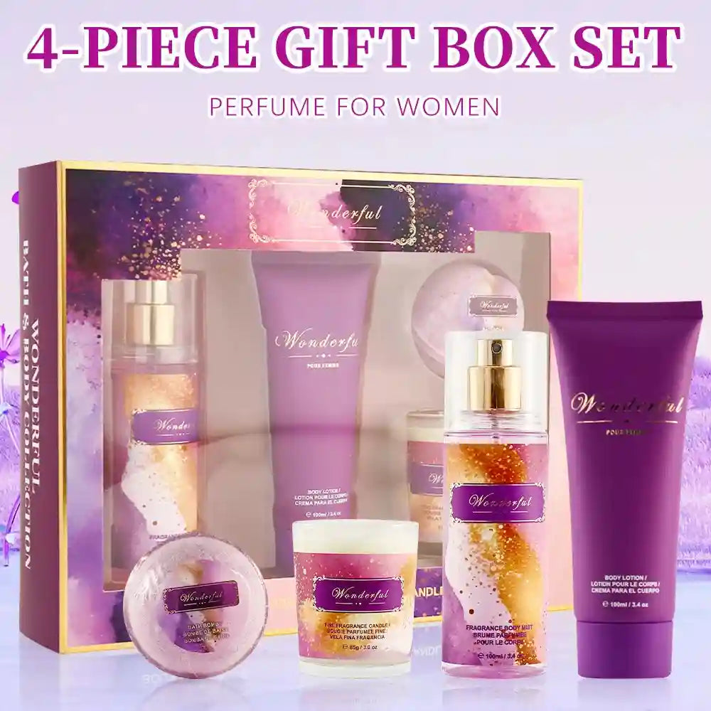 Wonderful 4-piece women's fragrance gift set: body mist, lotion, candle, and bath bomb in purple gold packaging.