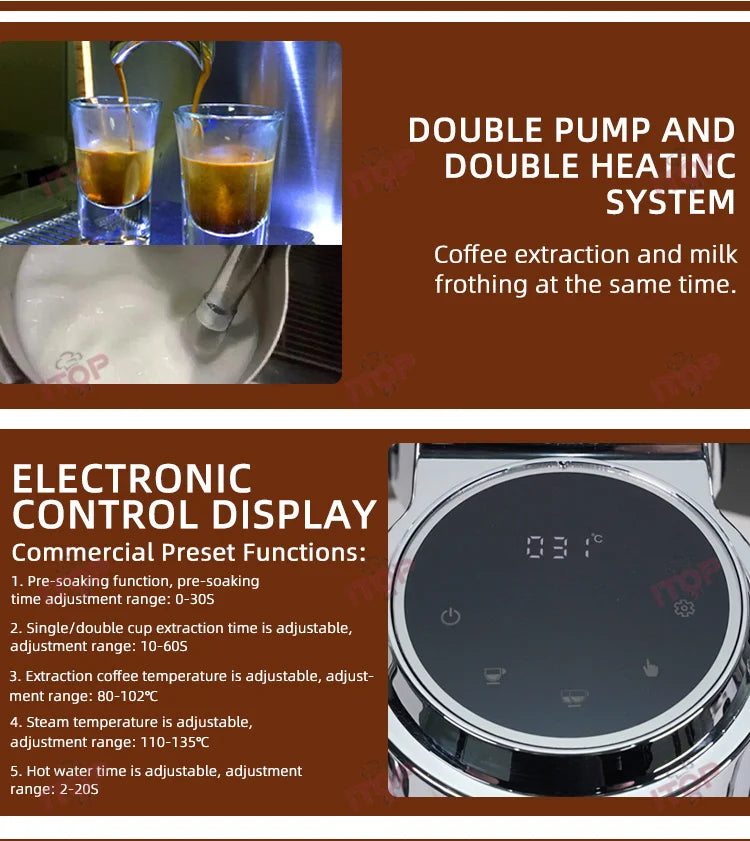 ITOP commercial espresso machine with double pump, milk frother, and digital temperature control display screen.