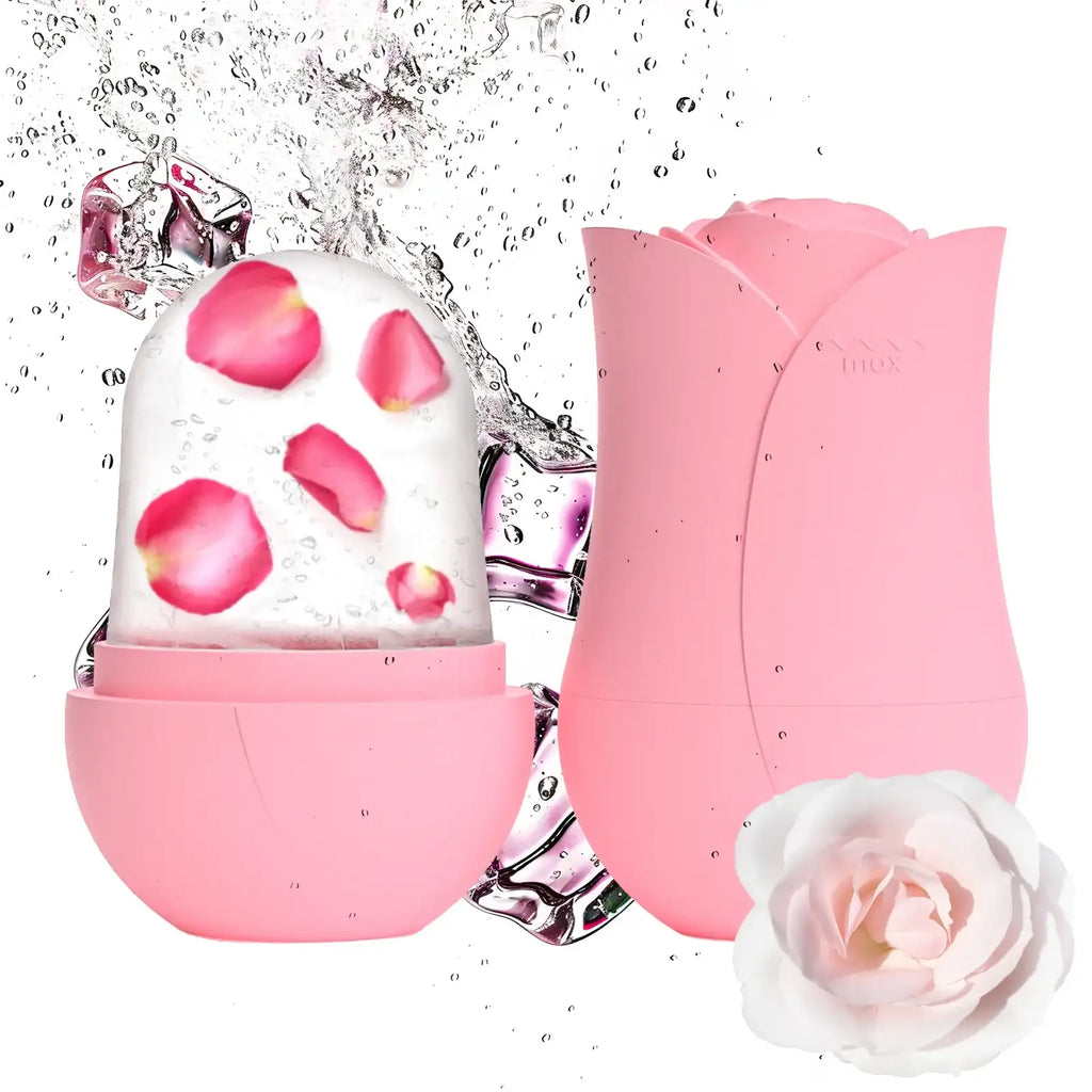 Pink rose-shaped silicone ice roller for face massage, featuring frozen rose petals inside and water splashes.