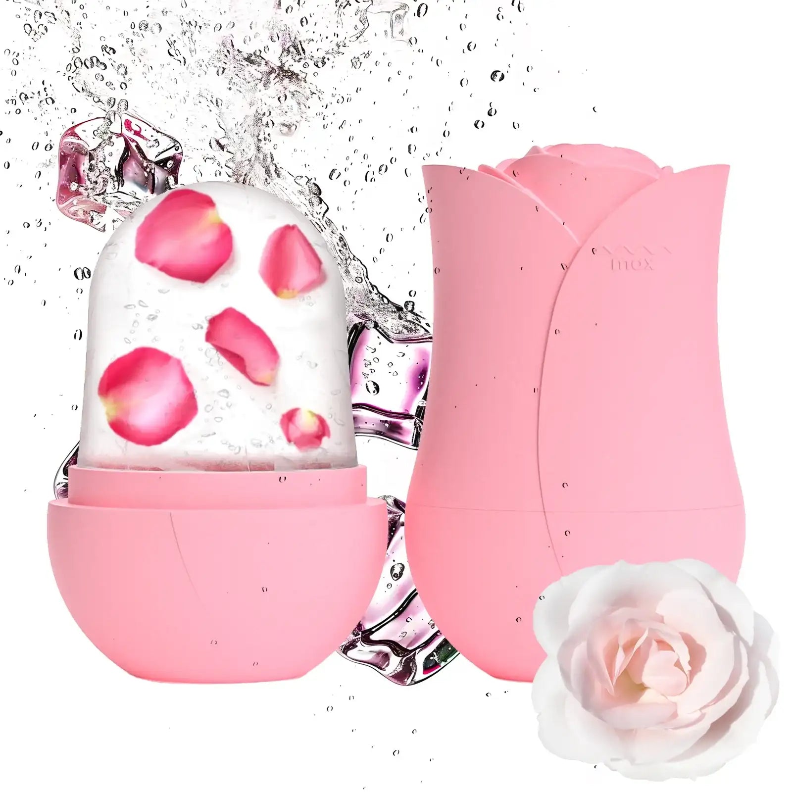 Pink rose-shaped silicone ice roller for face massage, featuring frozen rose petals inside and water splashes.