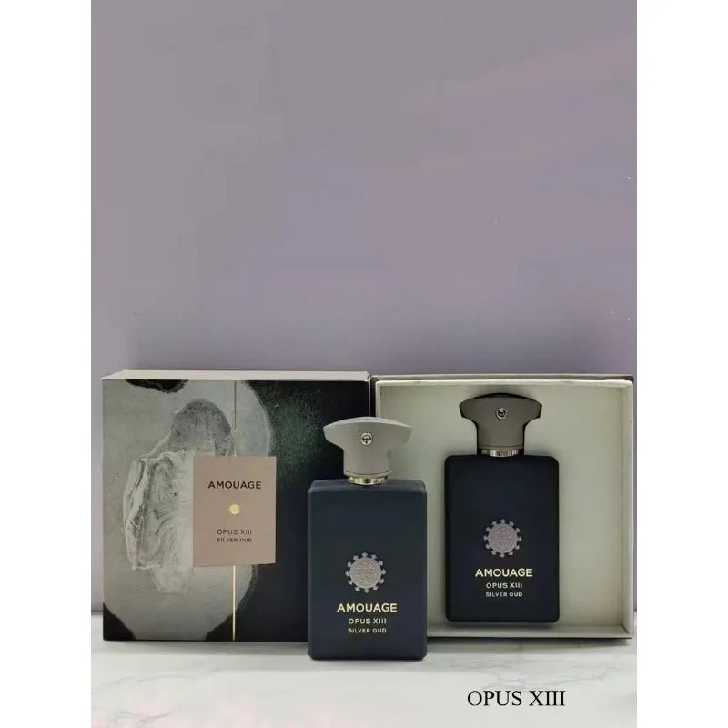 Amouage Opus XIII Silver Oud EDP: luxury woody fragrance in a matte navy glass bottle with a unique geometric cap.