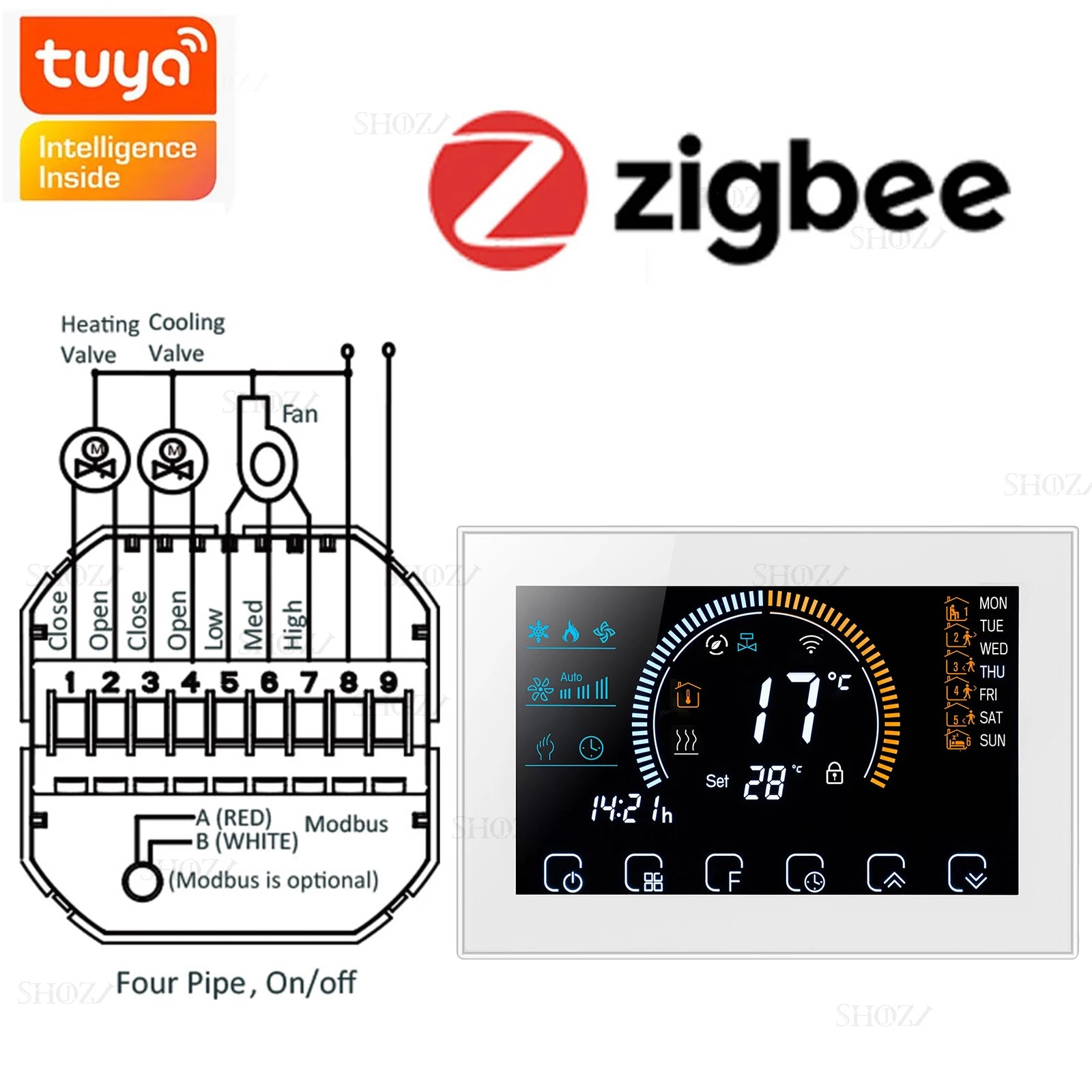 Wifi/RS485/Zigbee Thermostat Air Conditioning 3 Fan Coil Unit Home Cooling/Heating 2/4 Pipe Temperature Controller with Alexa