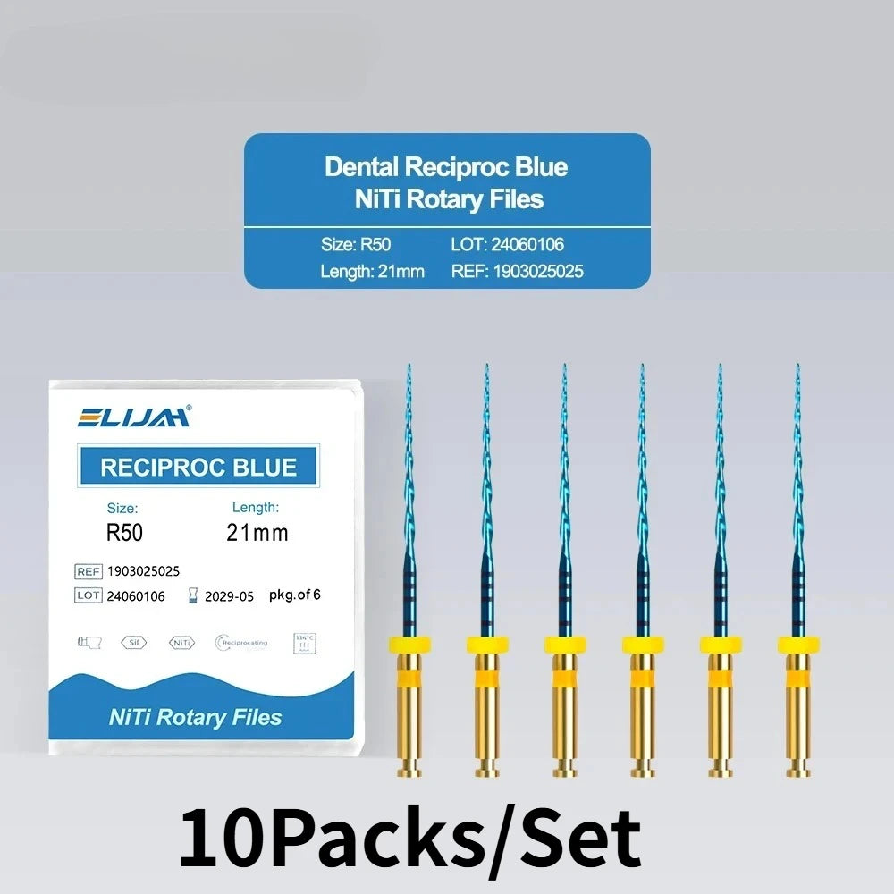 SYJH 10-pack dental blue NiTi reciprocating rotary root canal files, 21mm R50 size for professional endodontic use.