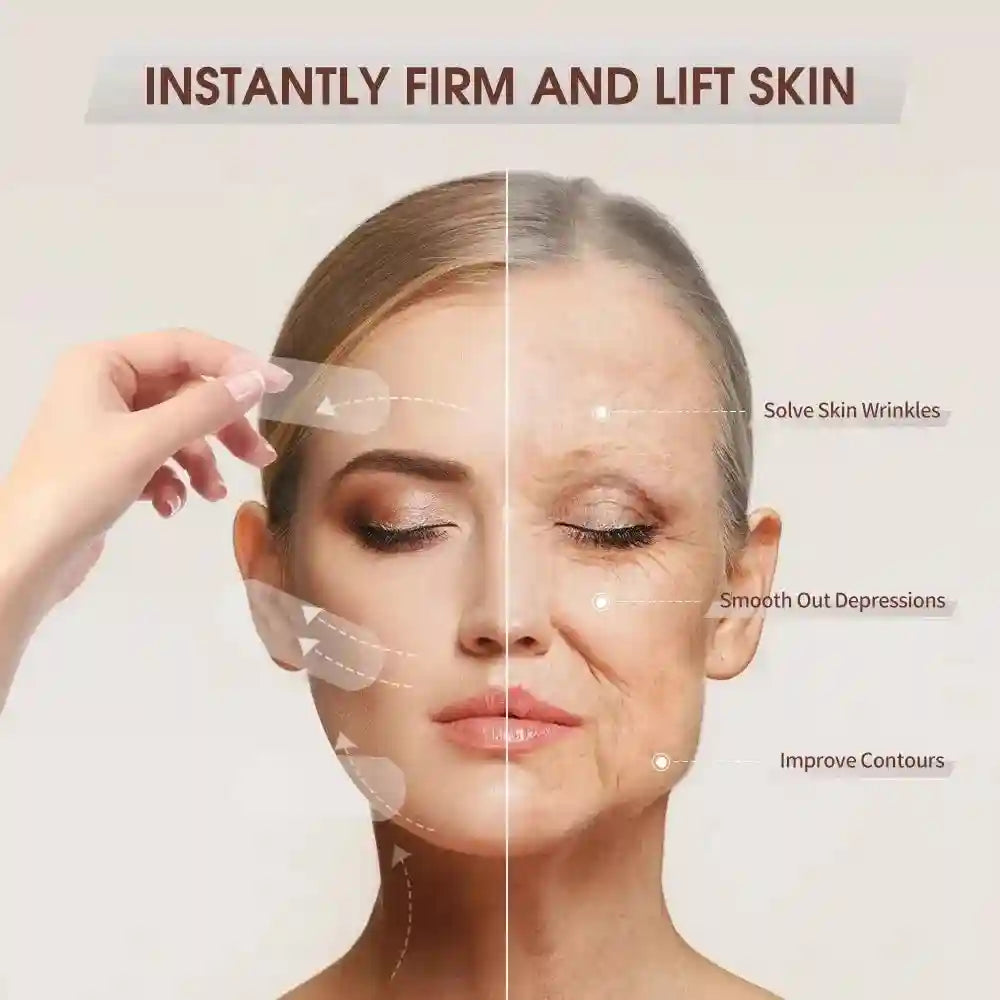 Transparent, adhesive face-lifting patches applied to a model's face to smooth wrinkles and improve skin contours.