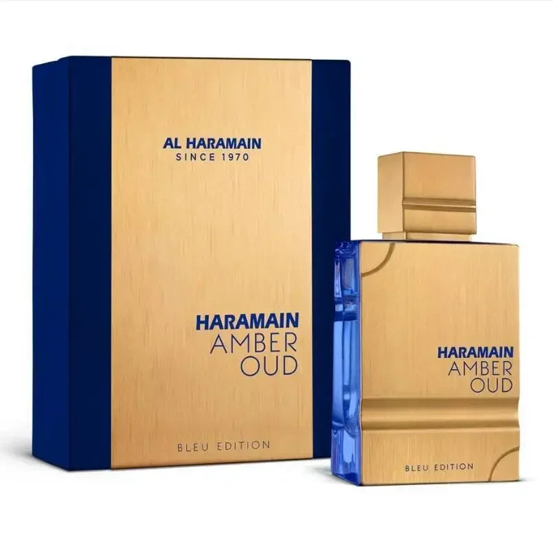 Al Haramain Amber Oud Bleu Edition unisex 60ml perfume. Rectangular gold bottle with blue accents, oriental oud scent.