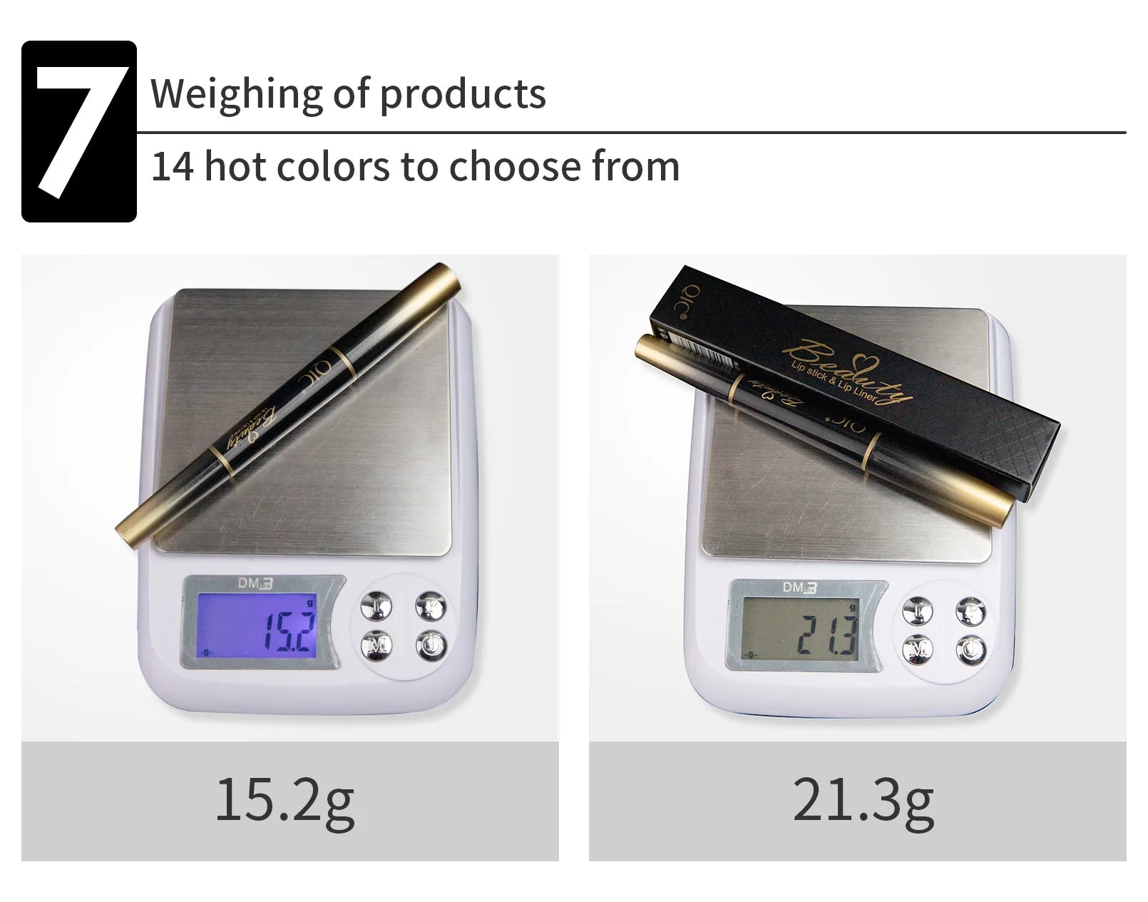 2-in-1 waterproof lip liner and matte lipstick pencil in gold-black packaging being weighed on a digital scale.