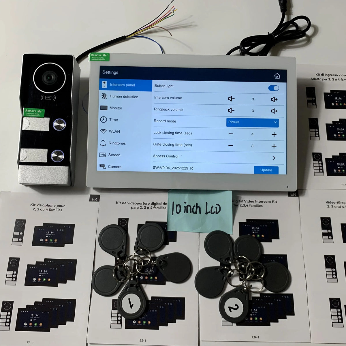 WiFi video intercom monitor settings screen with outdoor doorbell camera and RFID key fobs