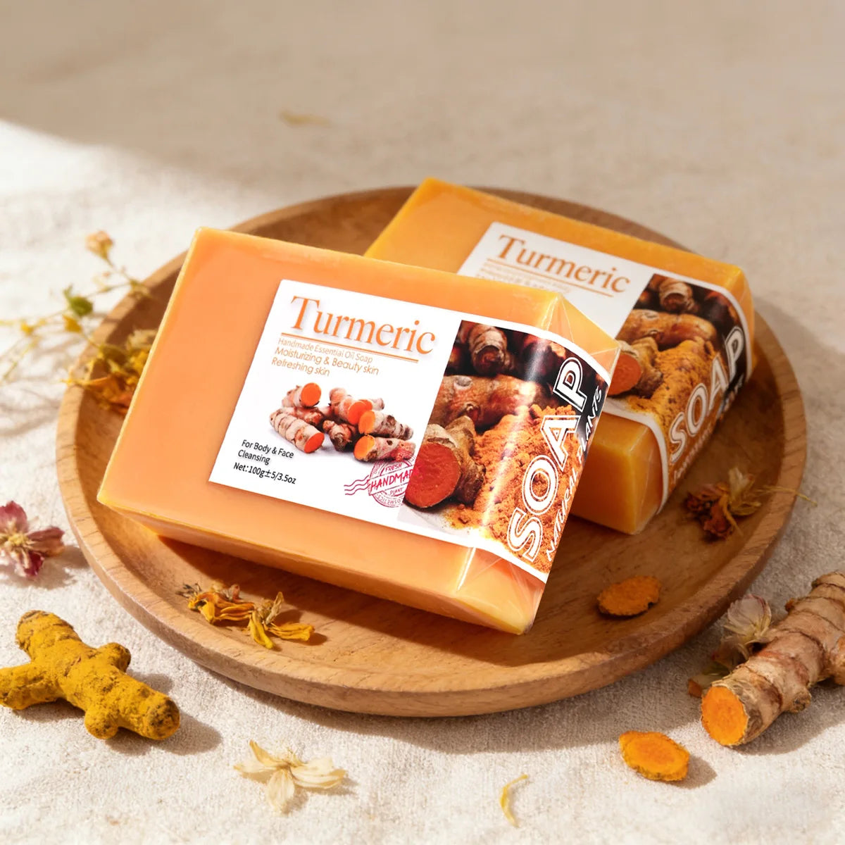 2Pcs 100% Natural Organic Tumeric Skin Whitening Anti Acne Handmade Skin Care Face Body Turmeric Bar Soap