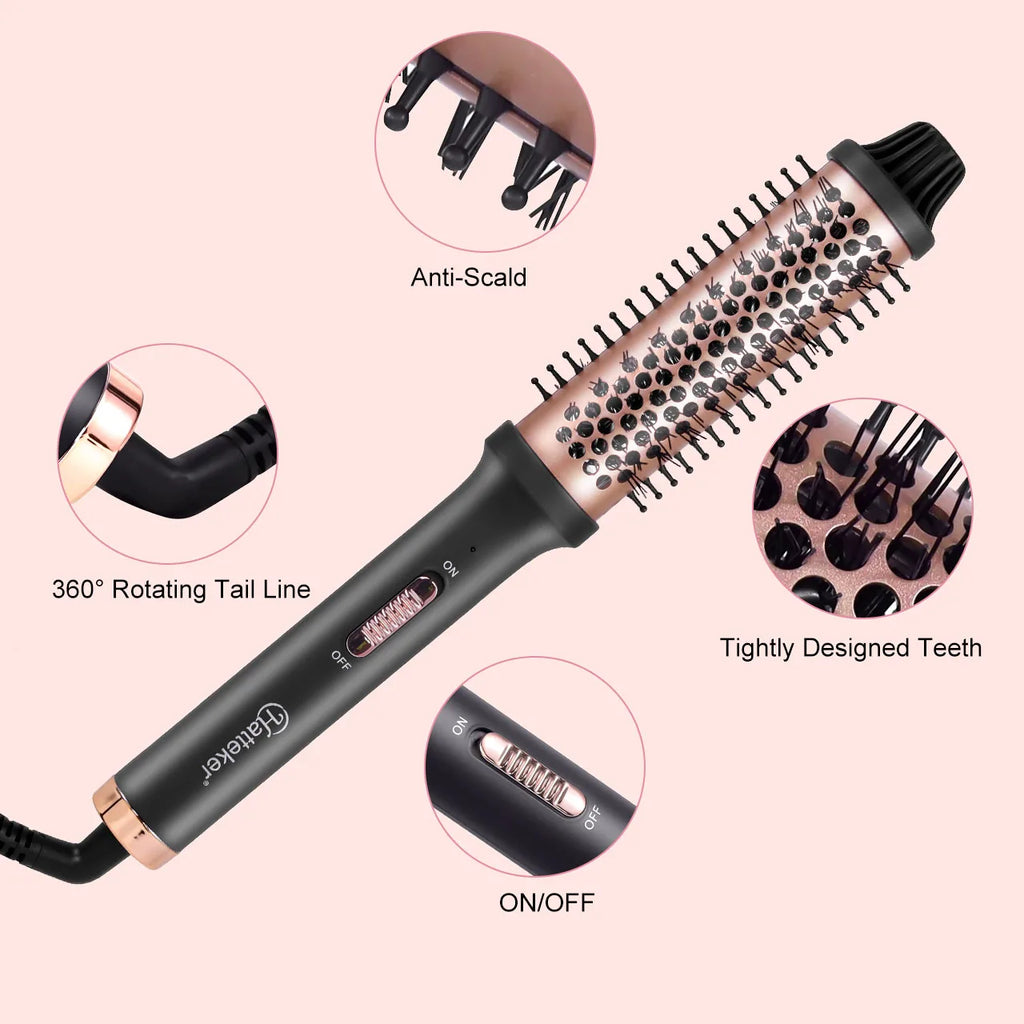 Hatteker electric curling brush with anti-scald teeth, 360° swivel cord, and rose gold styling barrel for all hair.