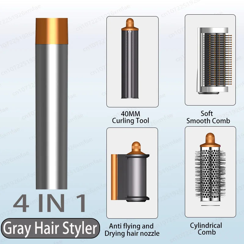 4-in-1 gray high-speed ionic hair styler set with curling, smoothing, and volumizing attachments for salon blowouts.