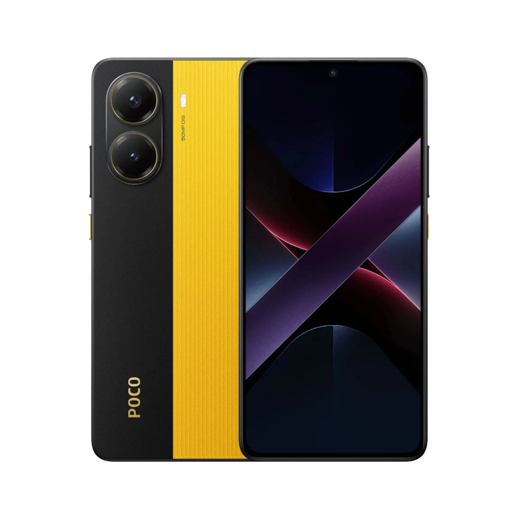 Poco smartphone with a black and yellow textured back, dual rear cameras, and a full-screen display for mobile use.