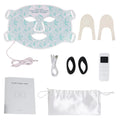 8-color LED light therapy face mask kit with remote, charging cables, eye protection, and storage bag for skincare.