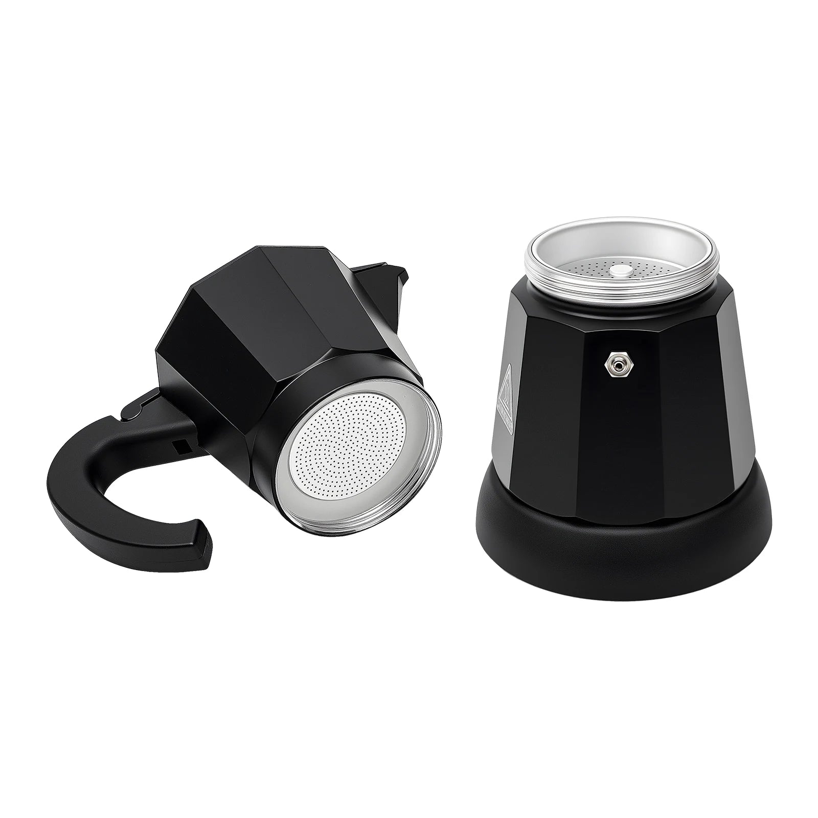 Black aluminum moka pot espresso maker disassembled, showing filter basket, safety valve, and ergonomic handle.