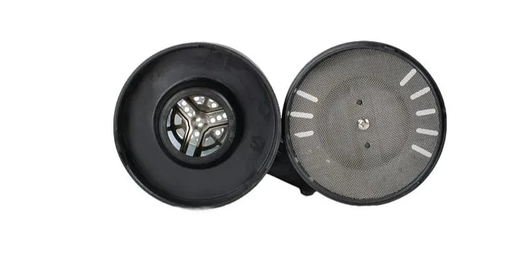 Black plastic coffee maker lid with stainless steel fine mesh filter and internal spout basket.