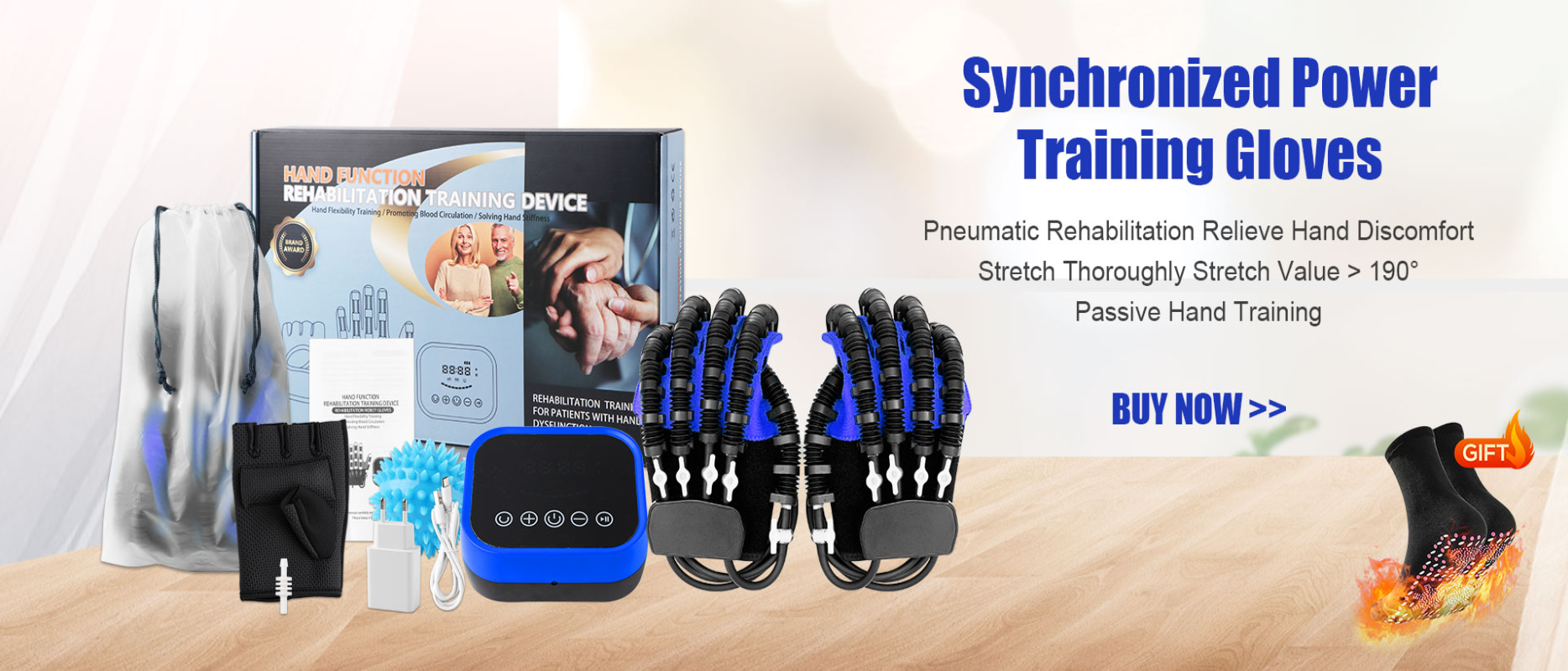 Blue and black robotic rehabilitation gloves with a control unit, storage bag, and accessories for hand therapy.