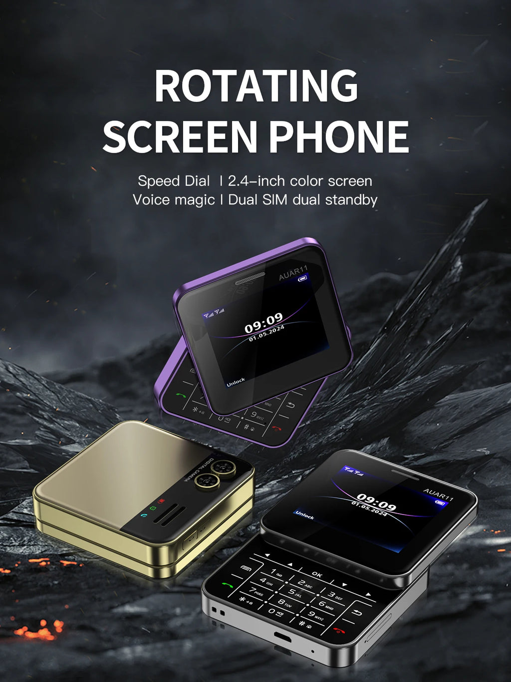 Low Price Sale SERVO AUAR11 2G GSM Rotate Screen Dual SIM Speed Dial Magic Voice Flashlight 2.4" Side Slider Square Cellphones